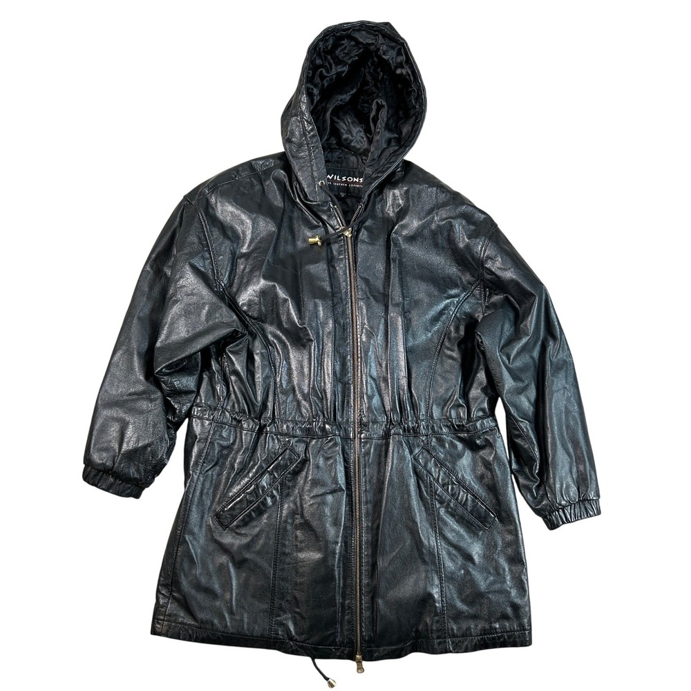 Wilsons‎ Leather Black Hooded Leather Jacket Drawstring Waist Womens Medium M